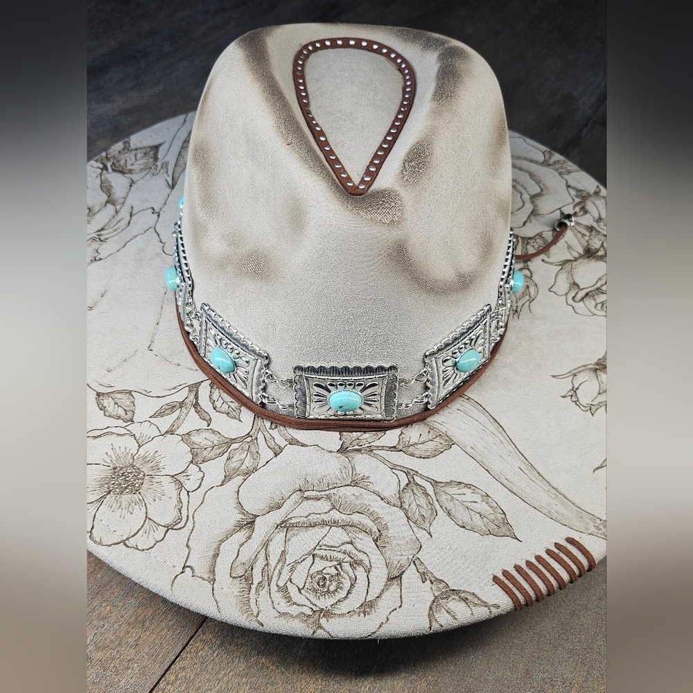NWT Grey suede burned fedora cowboy hat with roses - Picture 2 of 7